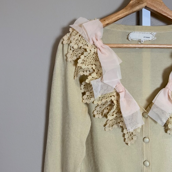 A’Reve Crochet Chiffon Bow V-neckline Cardigan Sweater - Picture 4 of 16